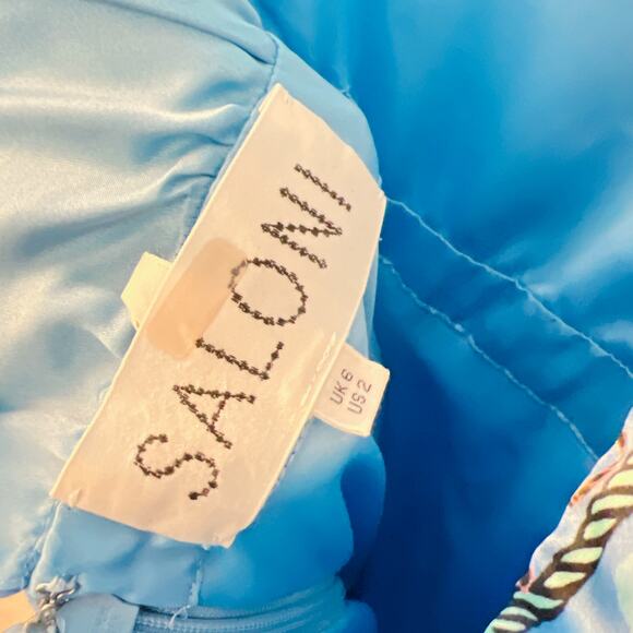 Saloni Blue Fleur Silk Tie-Back Mock Neck Gown - Picture 5 of 8